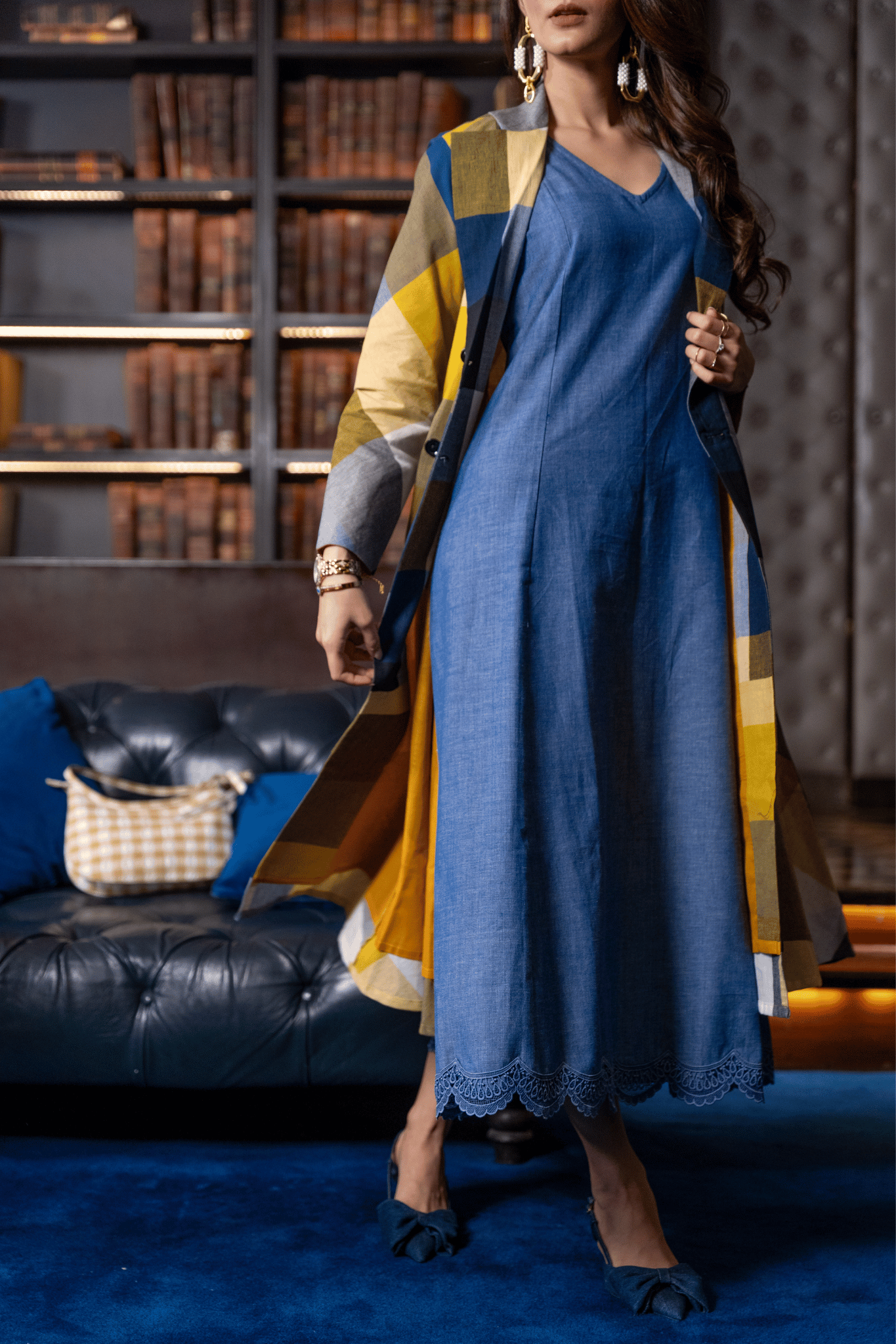 Blue Madras Cotton Checks Long jacket & Sleevless Dress