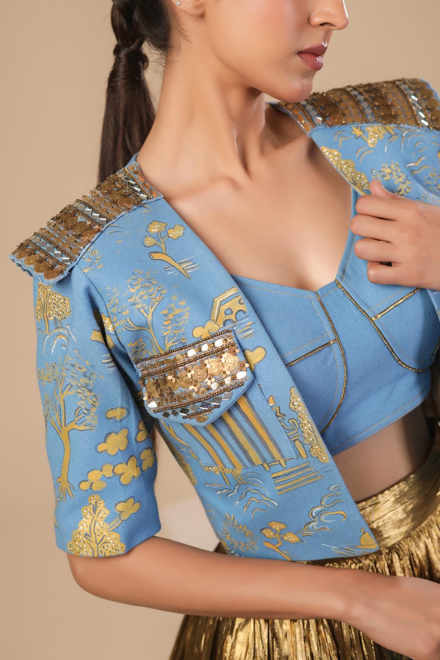 DENIM CROP JACKET WITH DENIM CORSET AND GOLD SKIRT