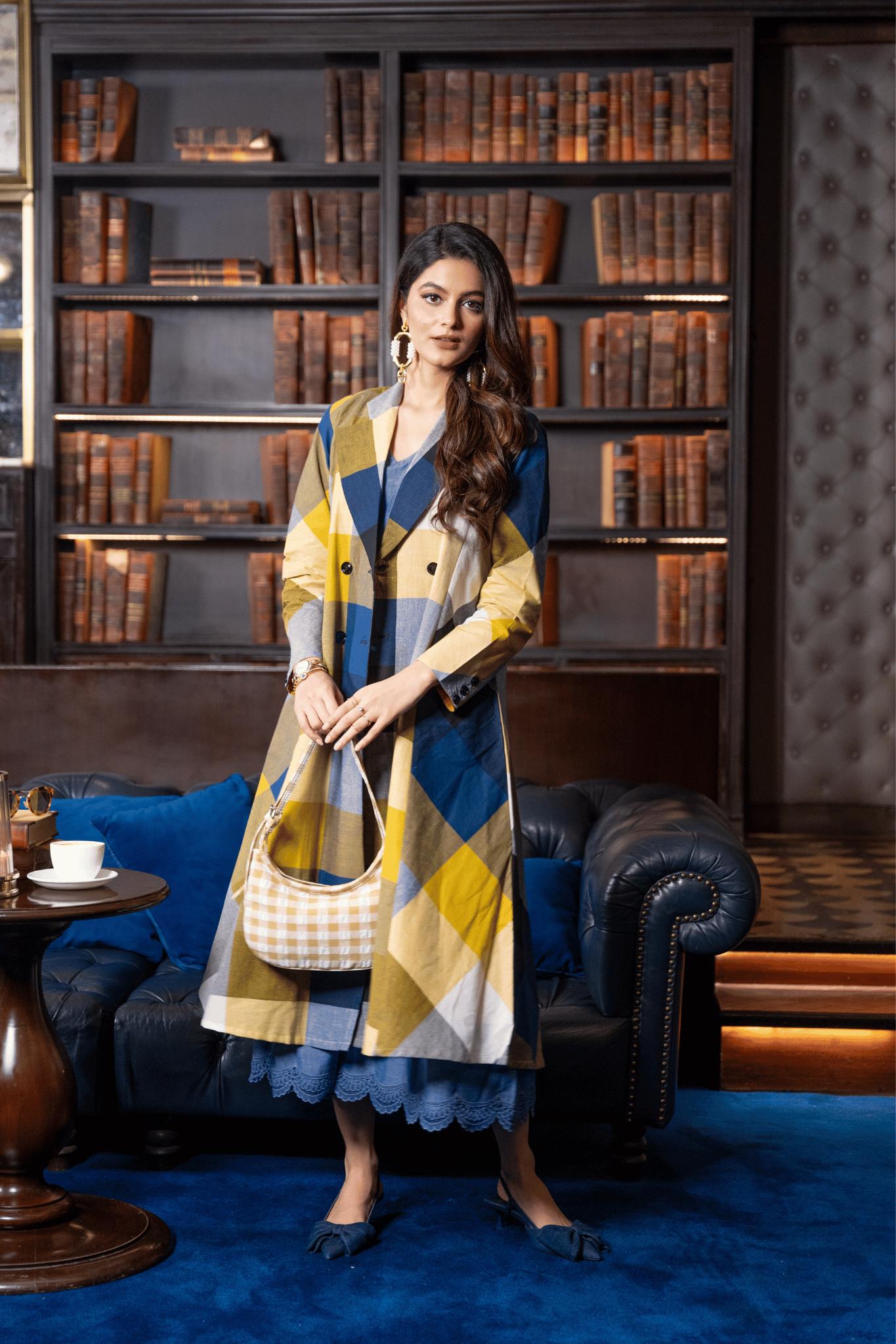 Blue Madras Cotton Checks Long jacket & Sleevless Dress