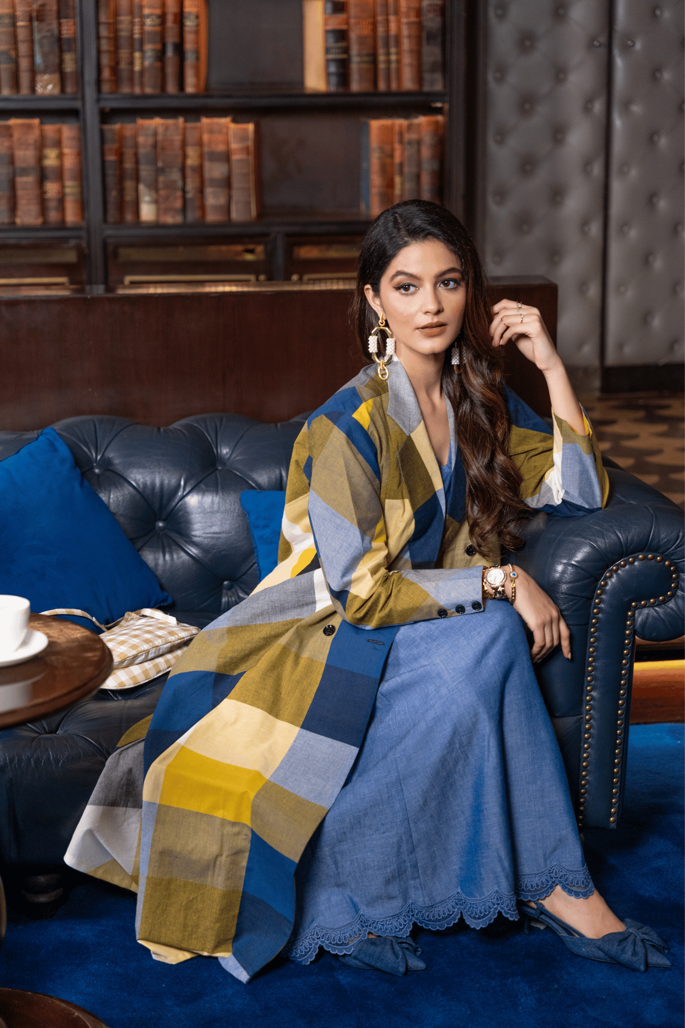 Blue Madras Cotton Checks Long jacket & Sleevless Dress