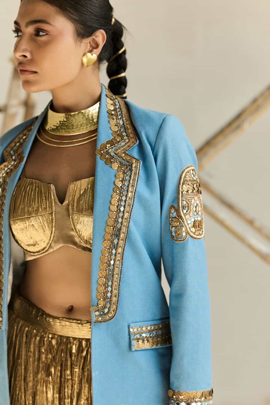 DENIM BLAZER WITH GOLD BUSTIER TOP AND SKIRT