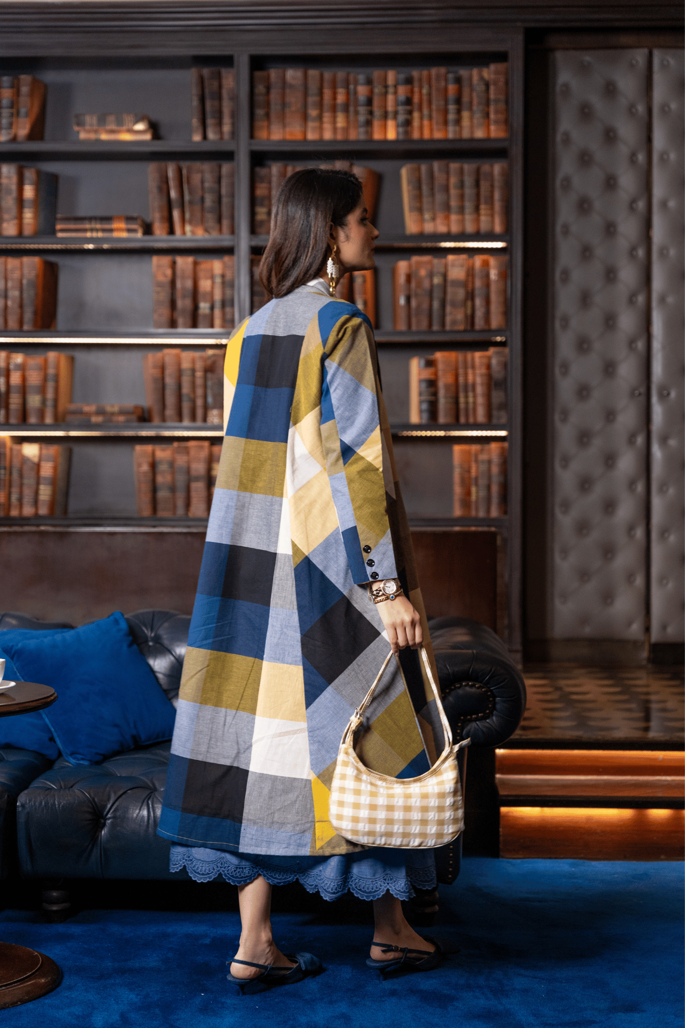 Blue Madras Cotton Checks Long jacket & Sleevless Dress