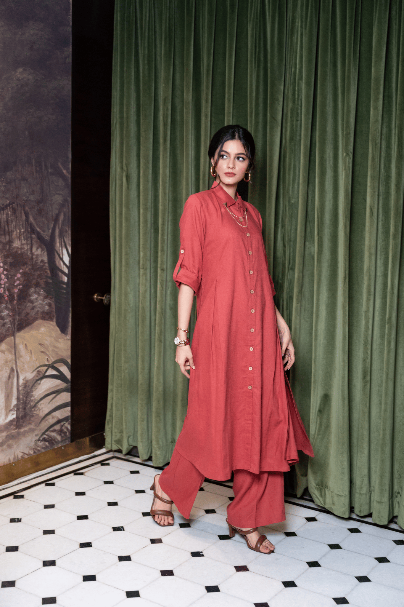 TOMATO RED LINEN CO ORD SET