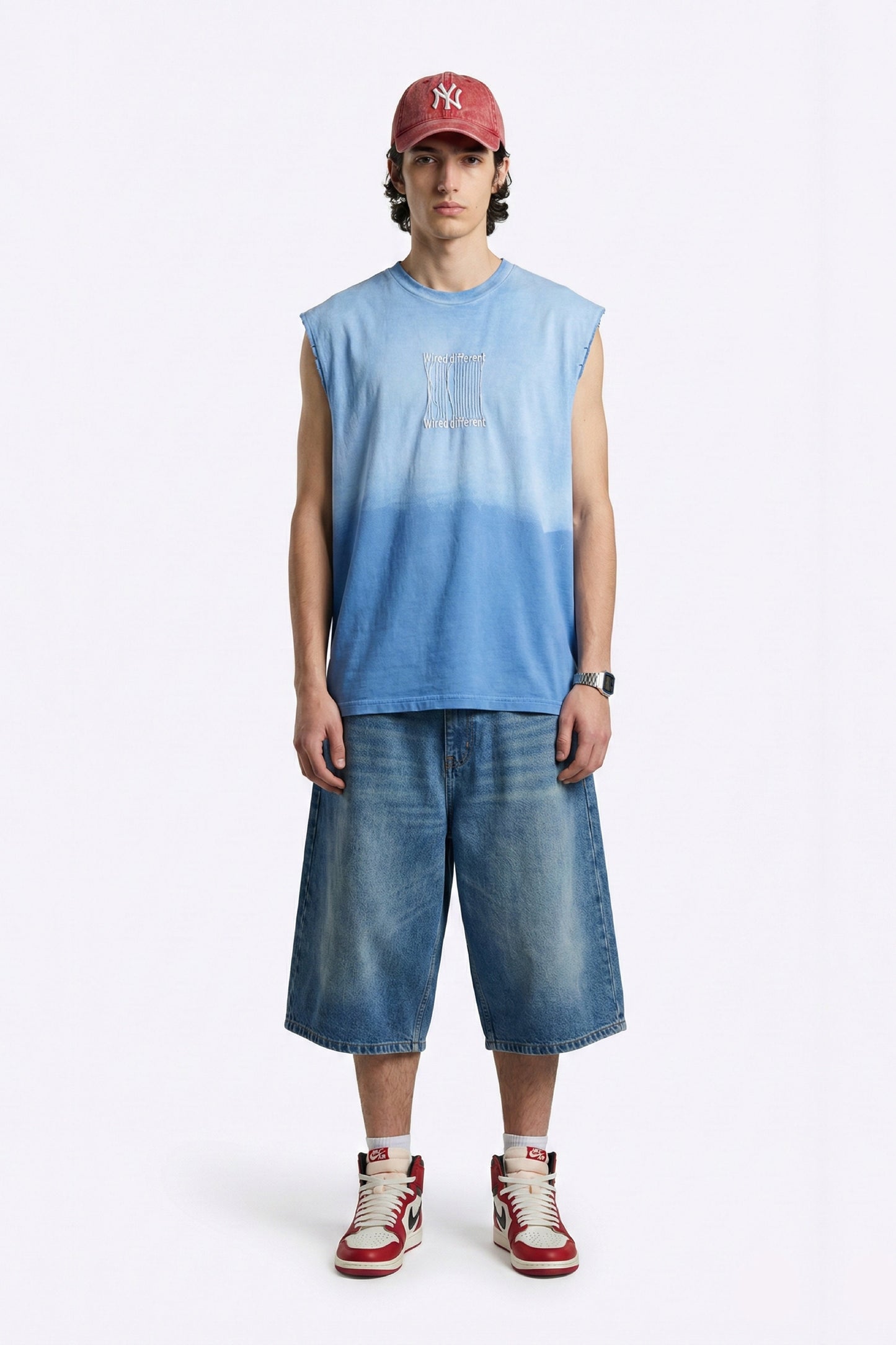 Wired Different Embroidered Tank Top - Blue Washed