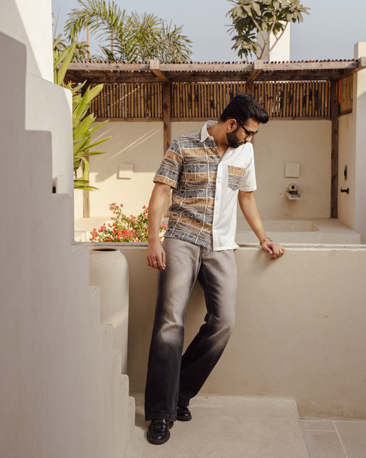 Beach Sun Half And Half Beige Linen Shirt