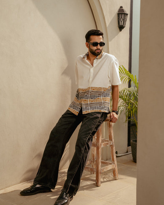 Beach Sun Beige Lower Patch Oversize Linen Shirt