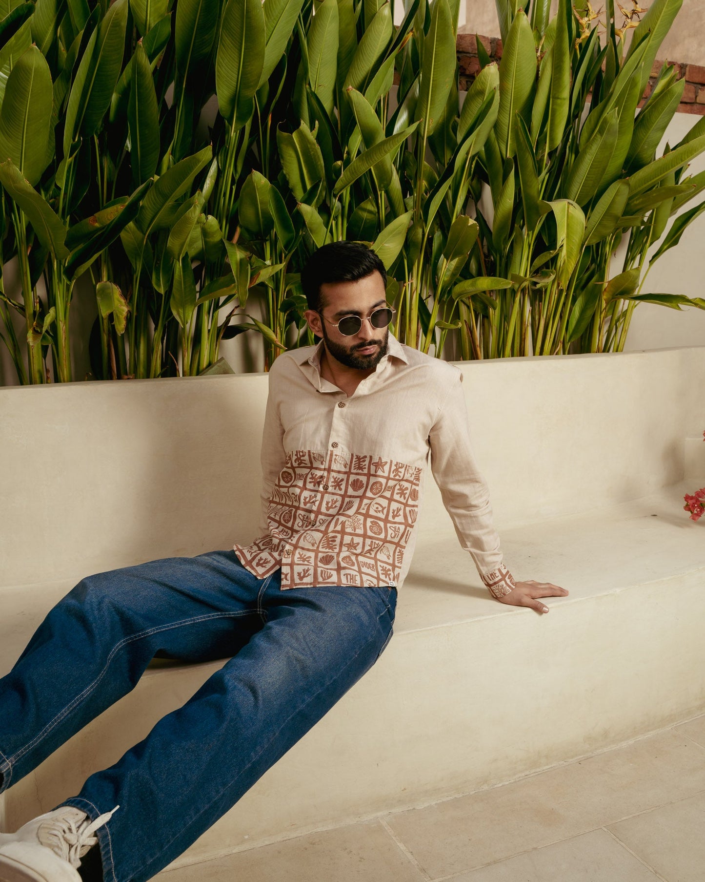 Aqua Block Terracotta Lower Patch Full Sleeves Linen Shirt