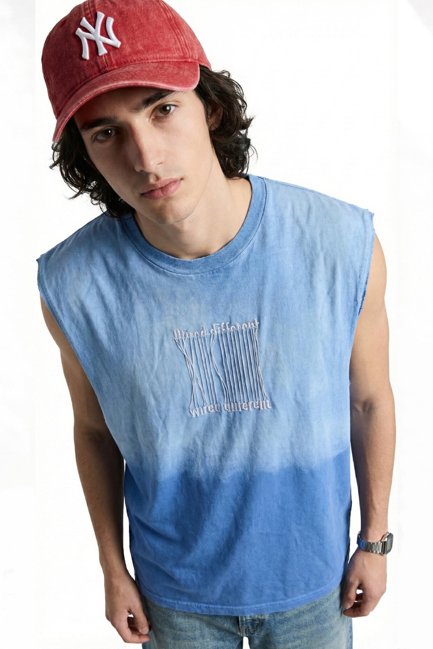 Wired Different Embroidered Tank Top - Blue Washed