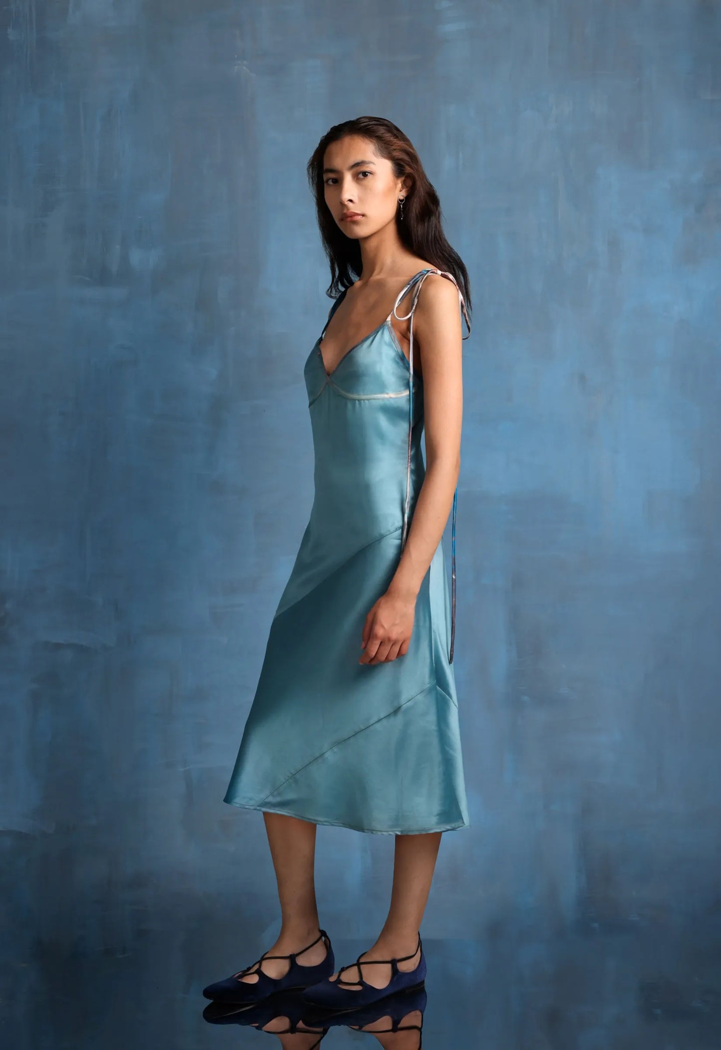 Midi Satin Dress in Marine with Noodle Straps