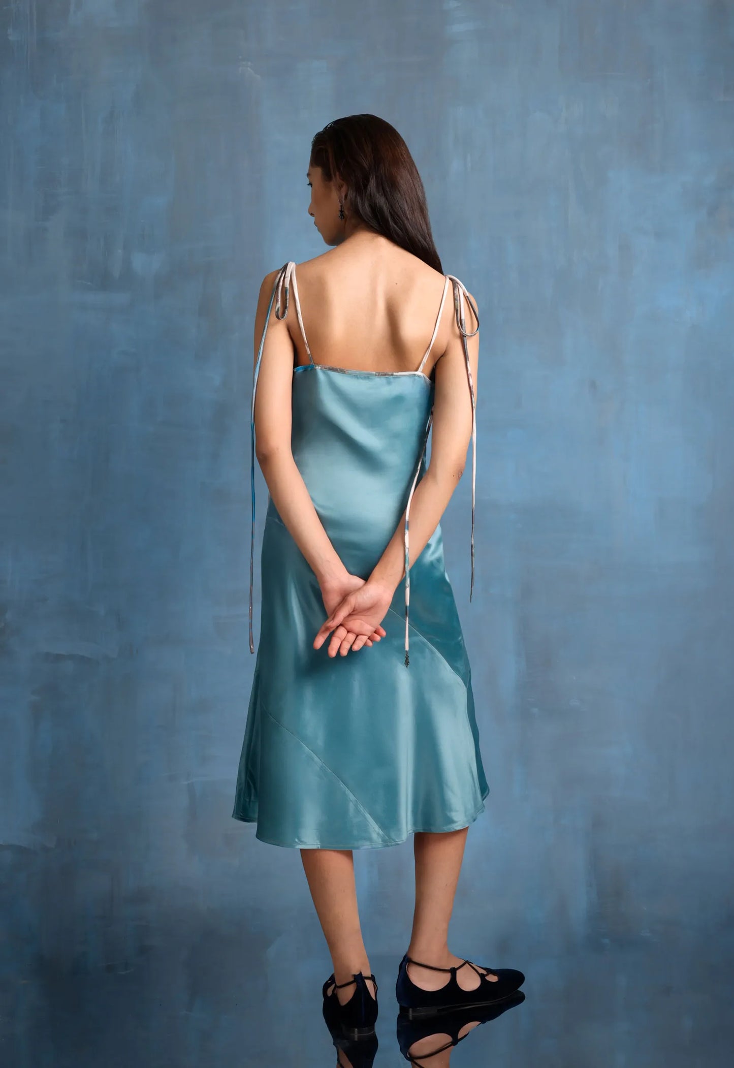 Midi Satin Dress in Marine with Noodle Straps