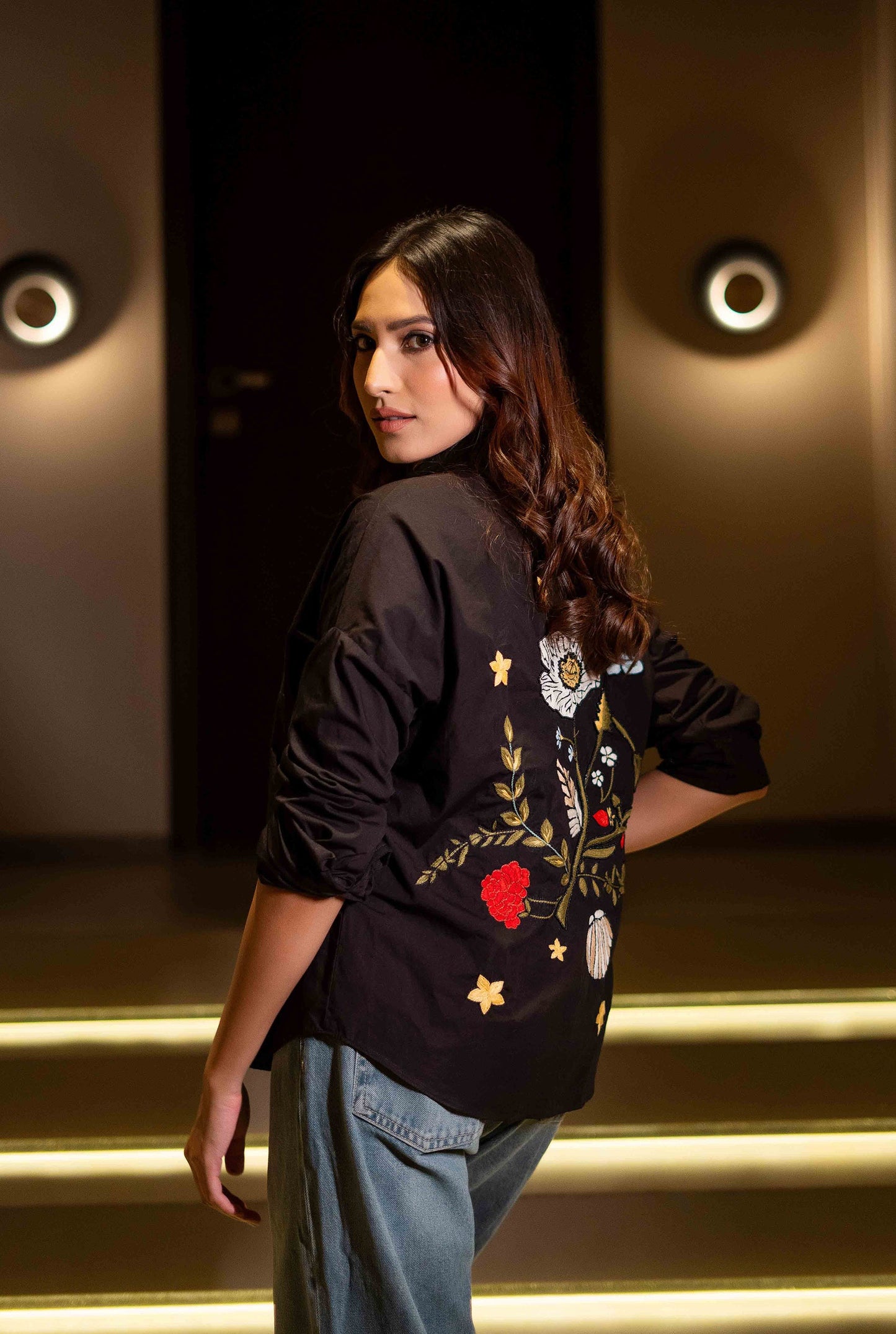 Gardenia Black Shirt with Floral Embroidery