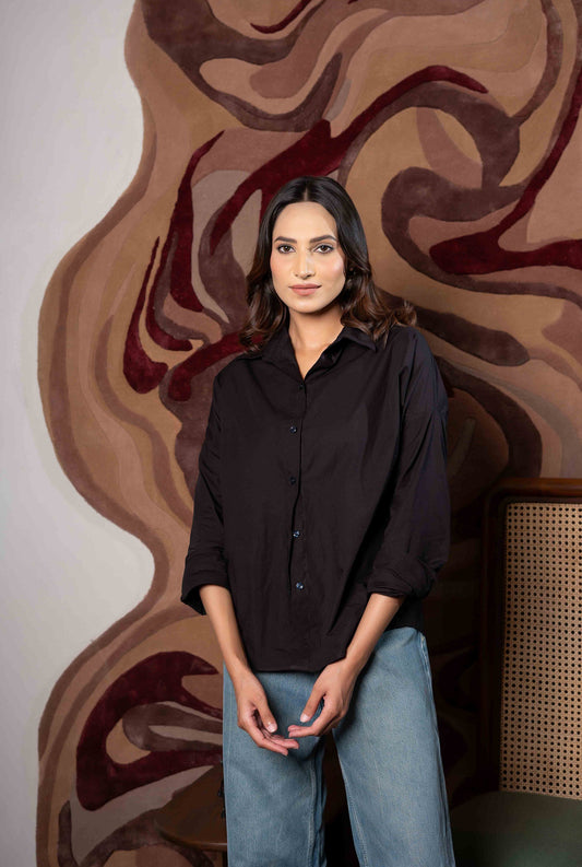 Gardenia Black Shirt with Floral Embroidery