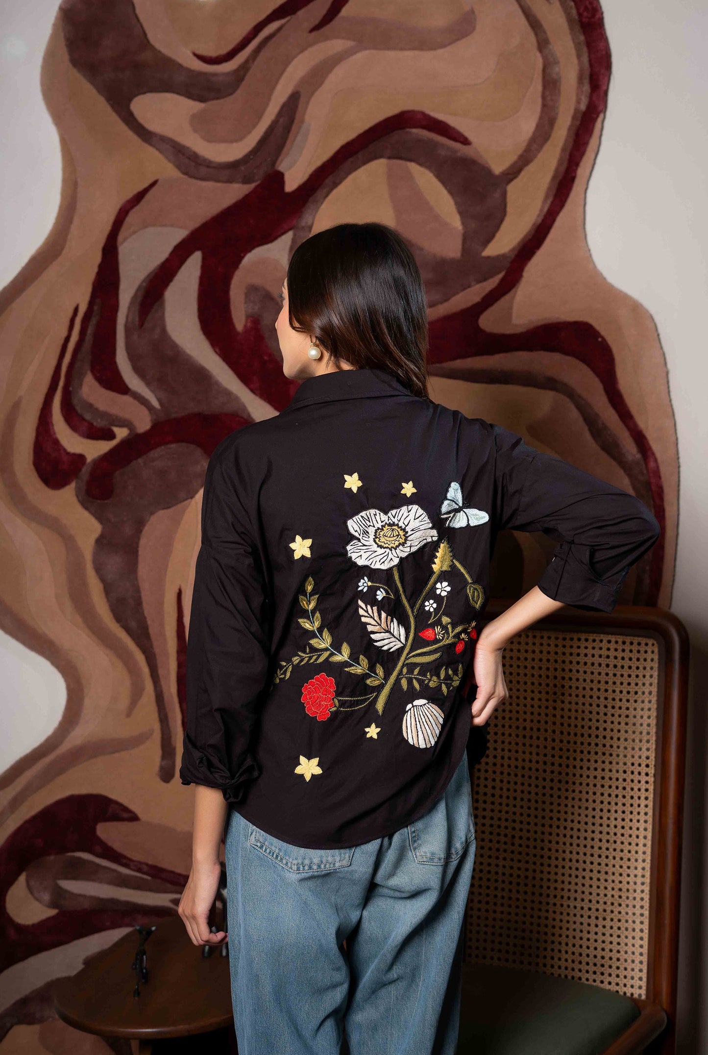 Gardenia Black Shirt with Floral Embroidery