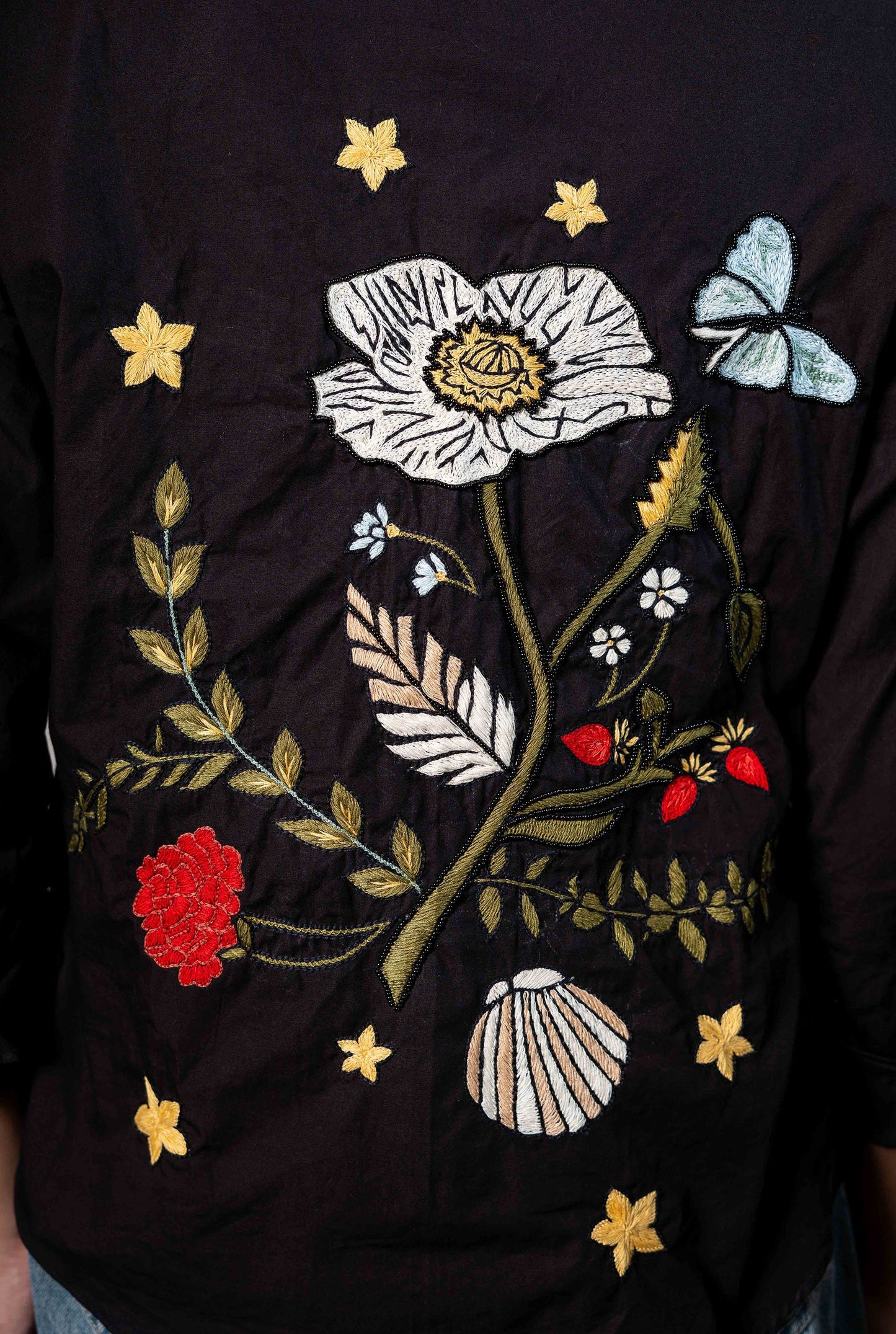 Gardenia Black Shirt with Floral Embroidery