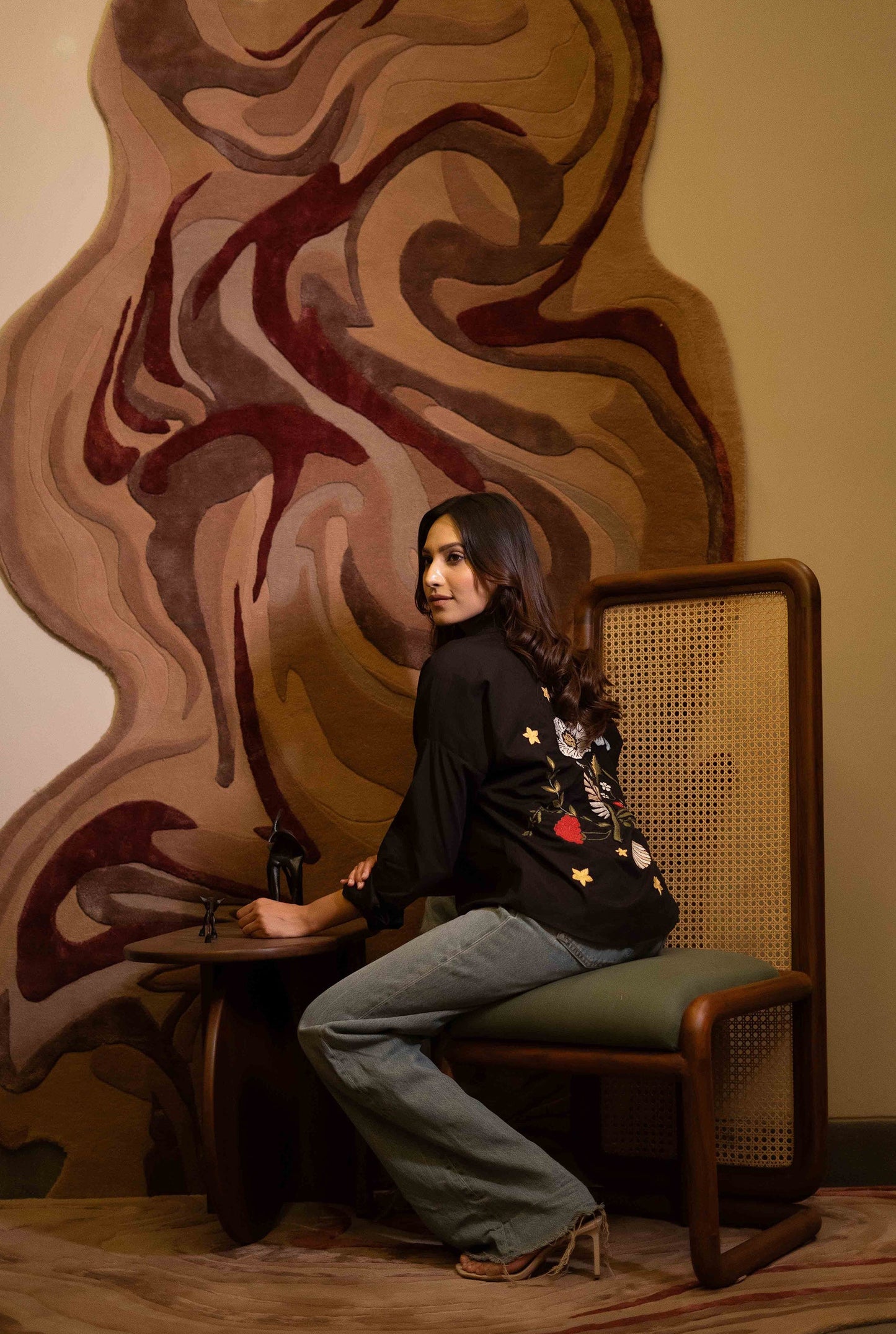 Gardenia Black Shirt with Floral Embroidery
