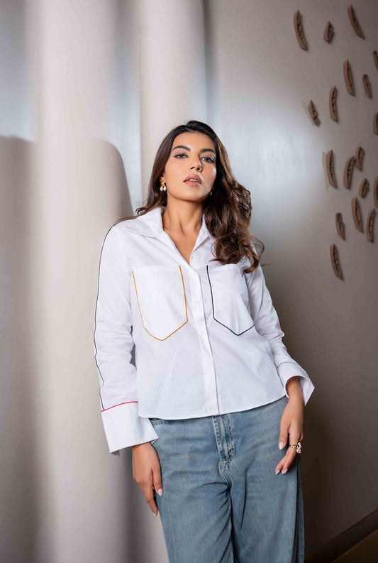 Modern Office White Shirt with Multi Color Piping