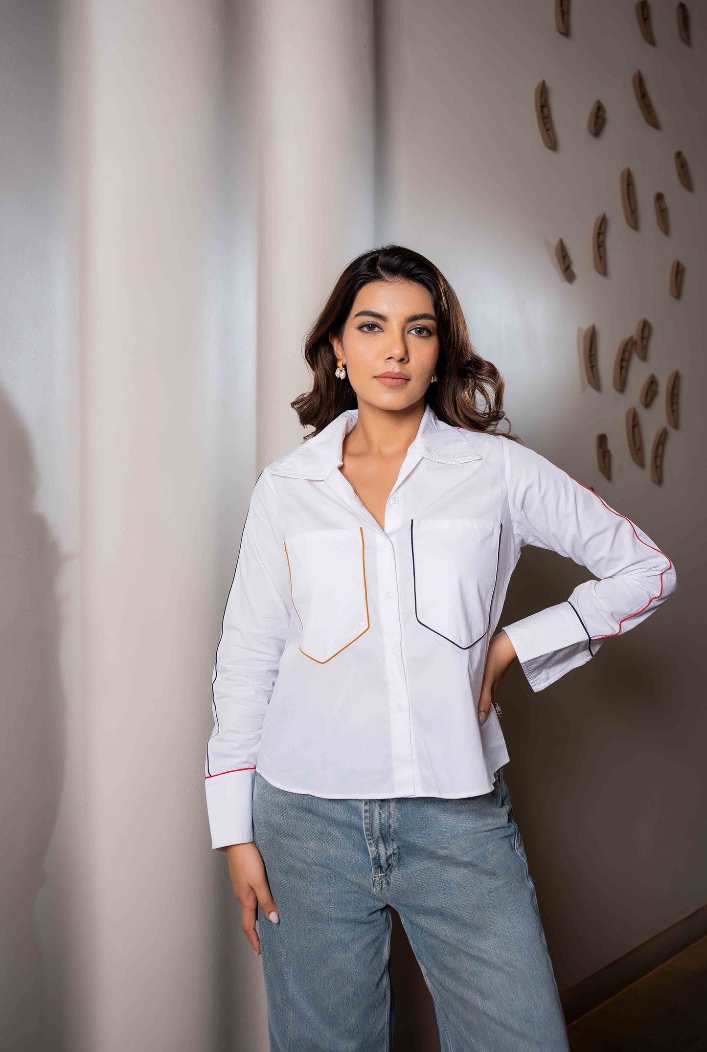 Modern Office White Shirt with Multi Color Piping