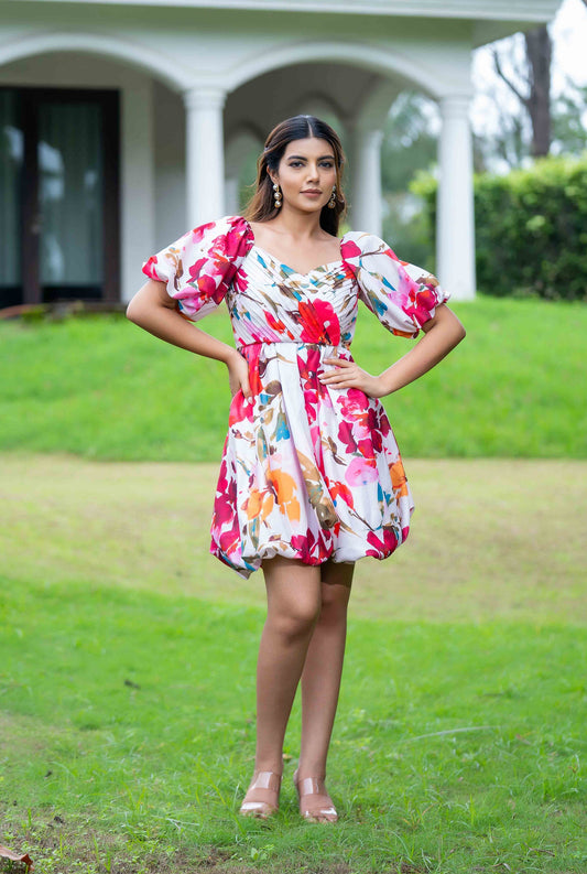 Alice Multi Color Floral Print Balloon Dress