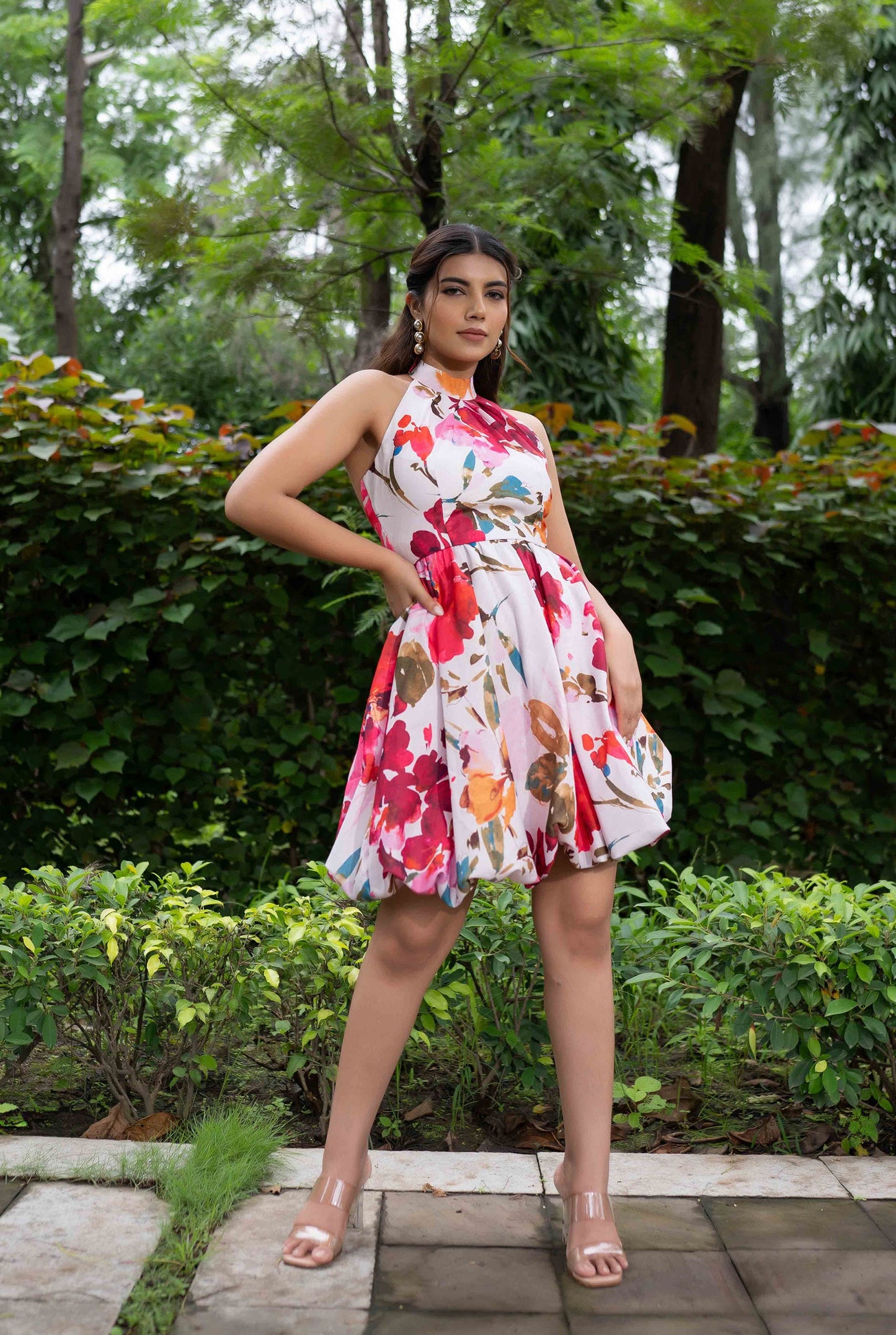 Emily Watercolor Floral Print Halter Dress