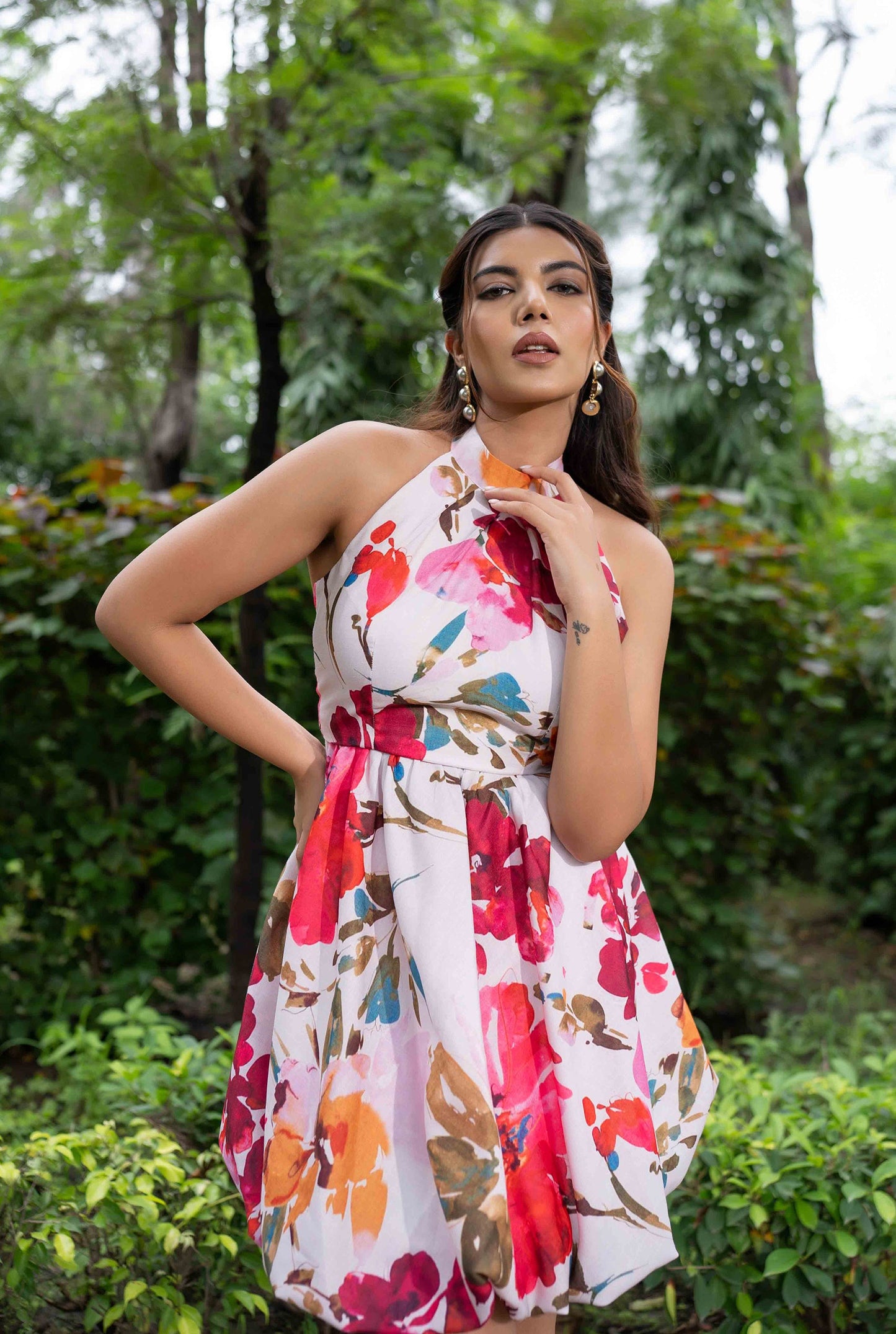 Emily Watercolor Floral Print Halter Dress