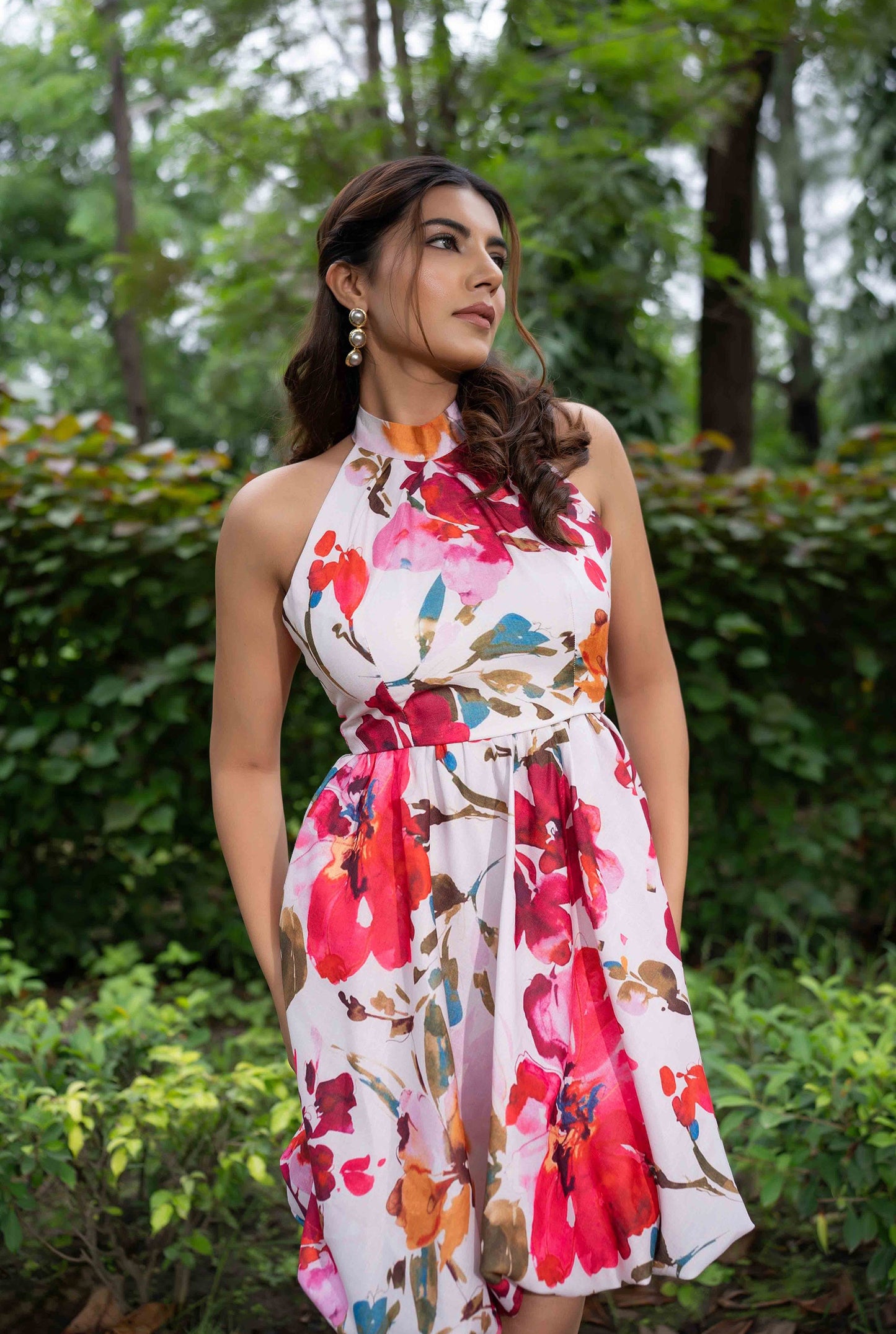 Emily Watercolor Floral Print Halter Dress