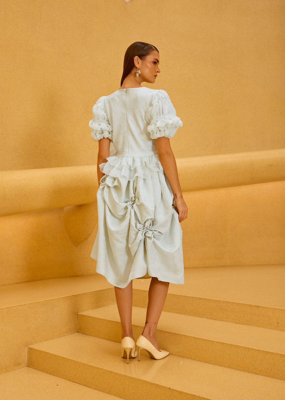 Pastel Green Jacquard Puff Sleeve Top & Smocked Skirt Set