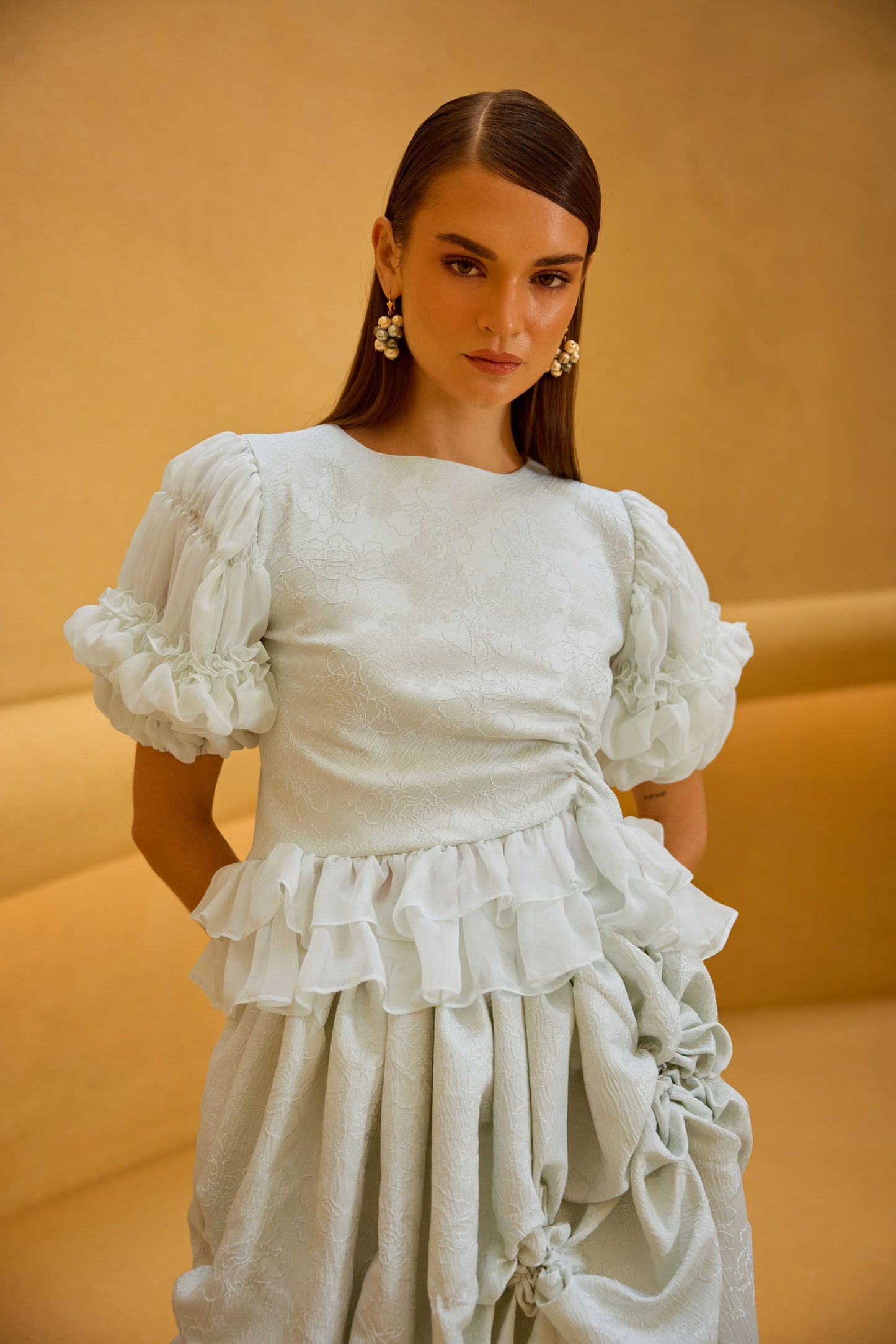 Pastel Green Jacquard Puff Sleeve Top & Smocked Skirt Set