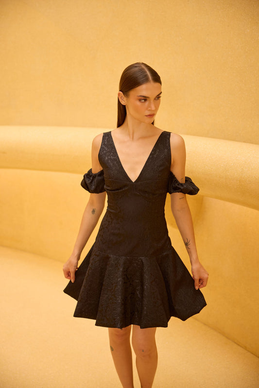Black Jacquard Puff Sleeve Mini Dress