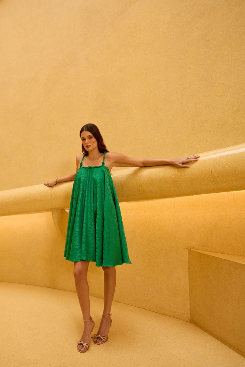Emerald Green Jacquard Knot Strap Dress