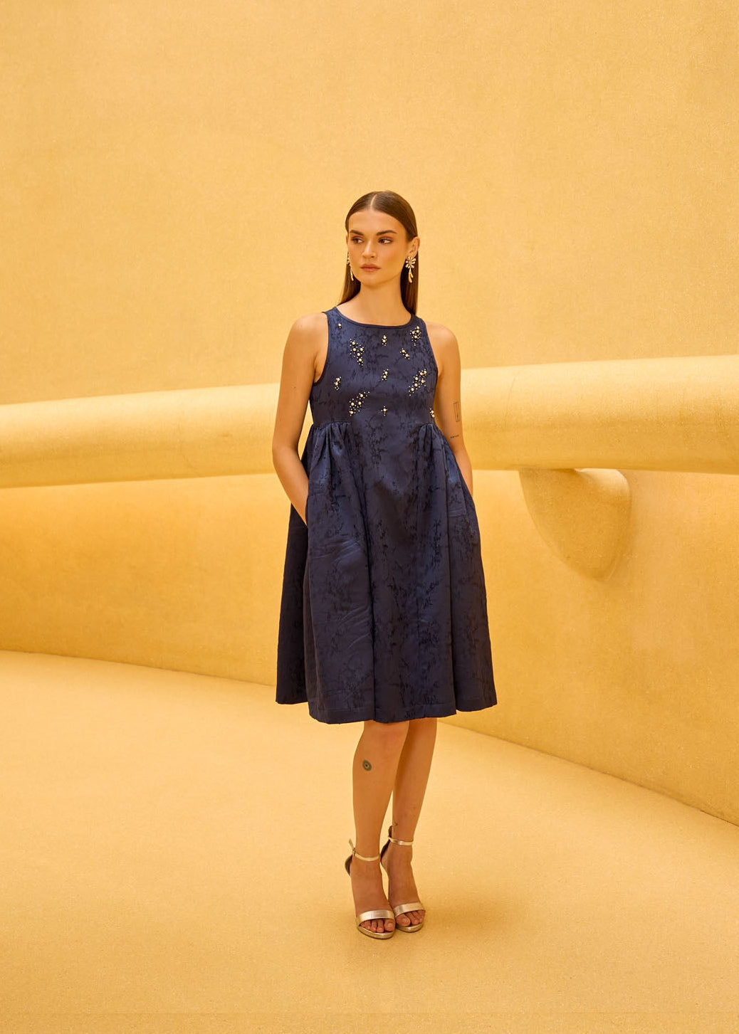 Navy blue Jacquard Midi Dress with Embellished Bodice