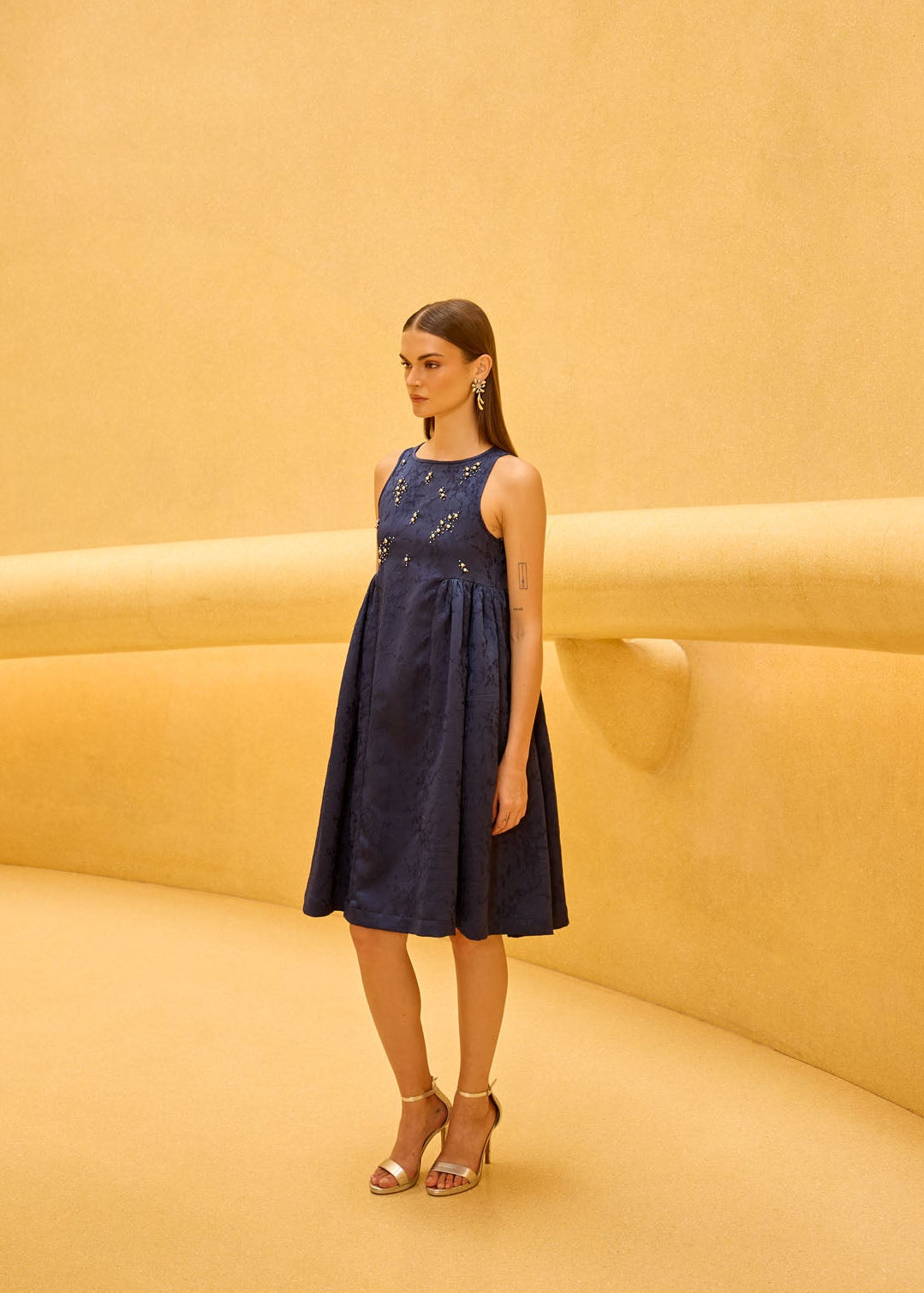 Navy blue Jacquard Midi Dress with Embellished Bodice