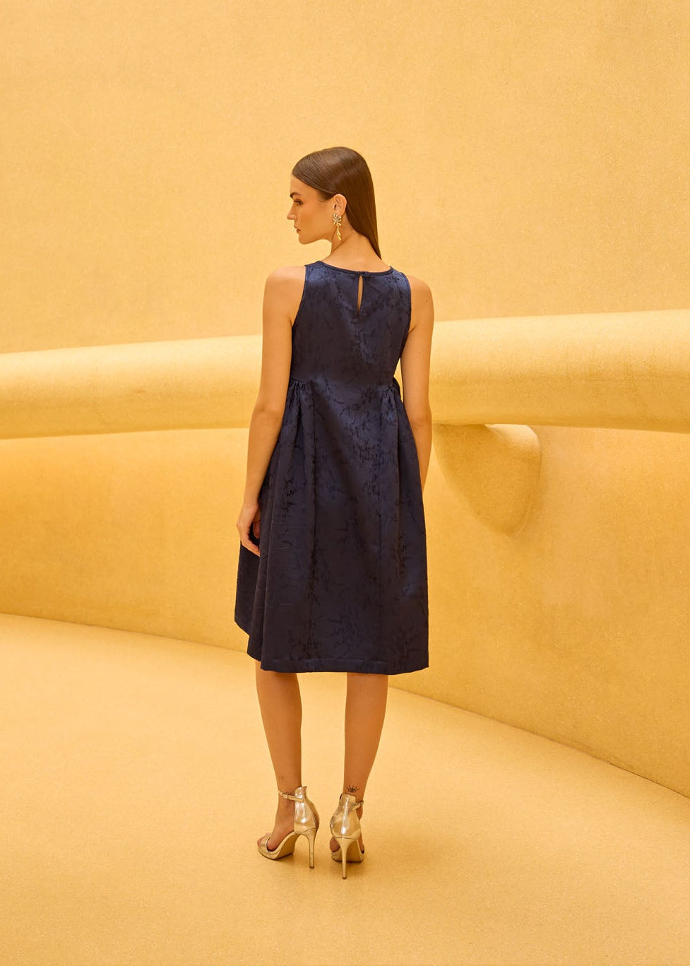 Navy blue Jacquard Midi Dress with Embellished Bodice