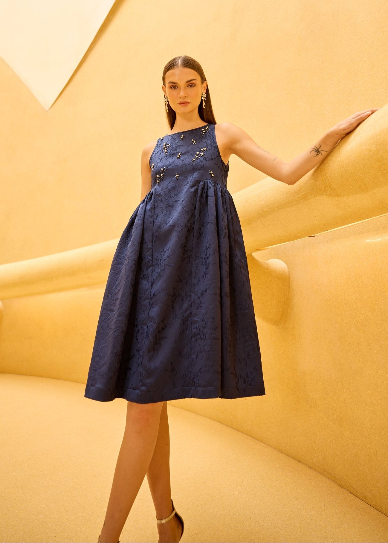 Navy blue Jacquard Midi Dress with Embellished Bodice