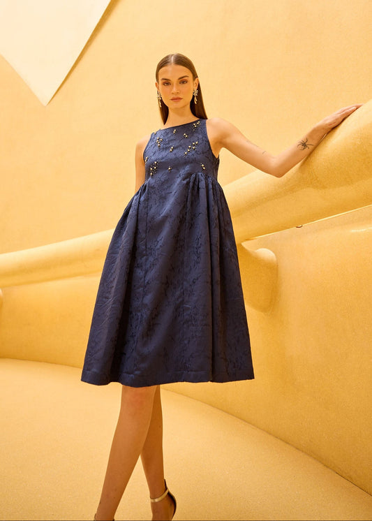 Navy blue Jacquard Midi Dress with Embellished Bodice
