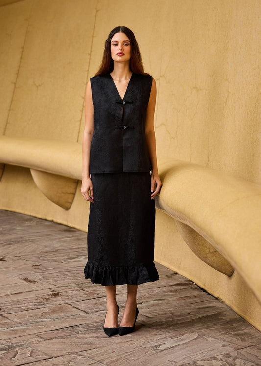 Black Jacquard Sleeveless Vest & Ruffled Hem Midi Skirt Set