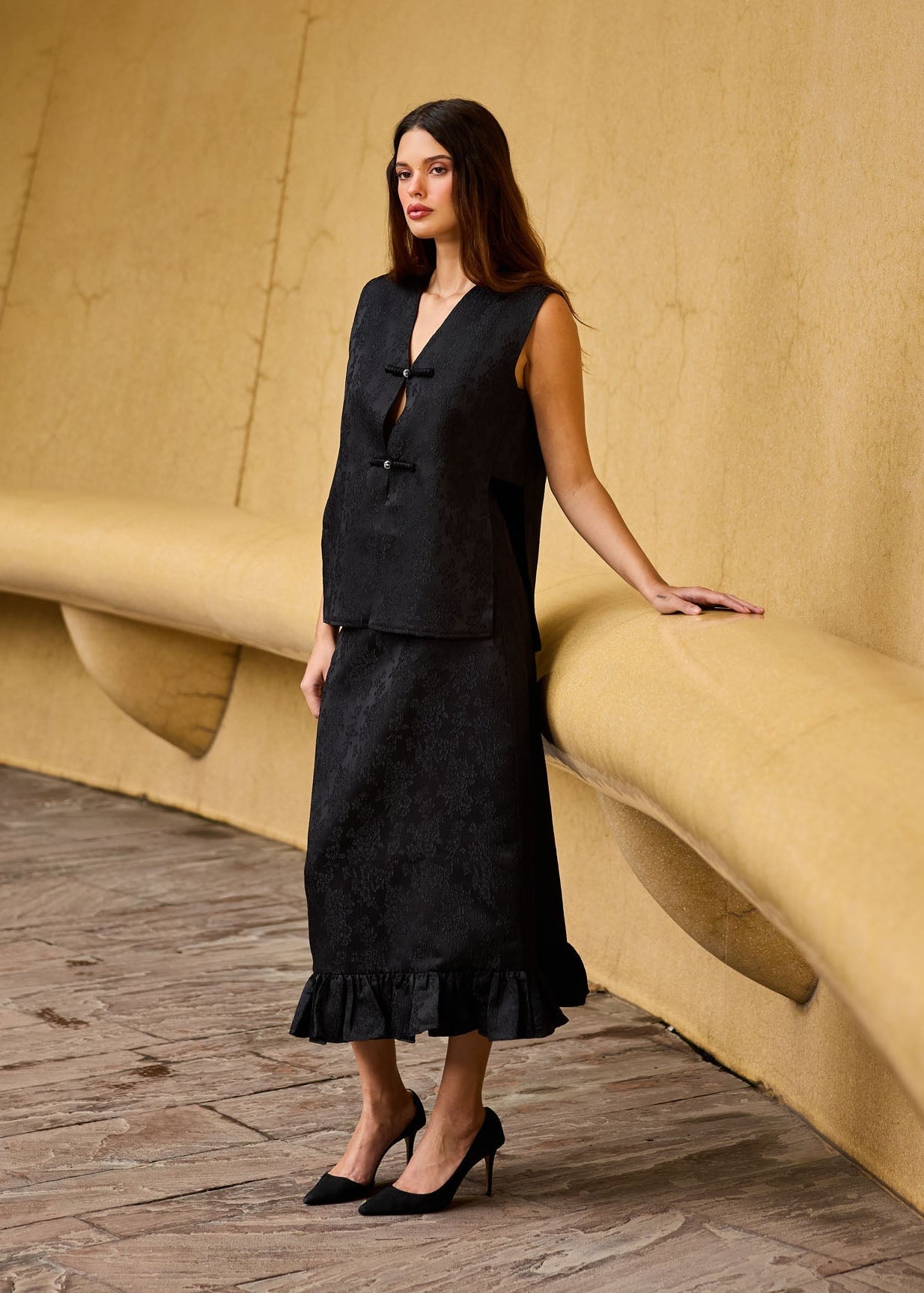 Black Jacquard Sleeveless Vest & Ruffled Hem Midi Skirt Set