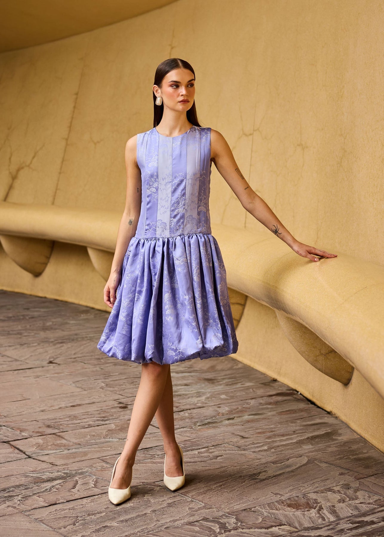 Lavender Jacquard Sleeveless Drop-Waist Dress