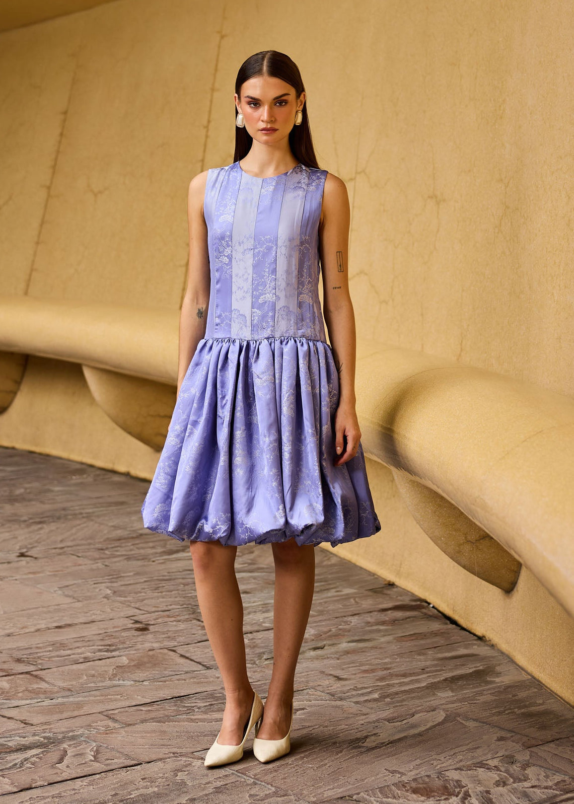 Lavender Jacquard Sleeveless Drop-Waist Dress