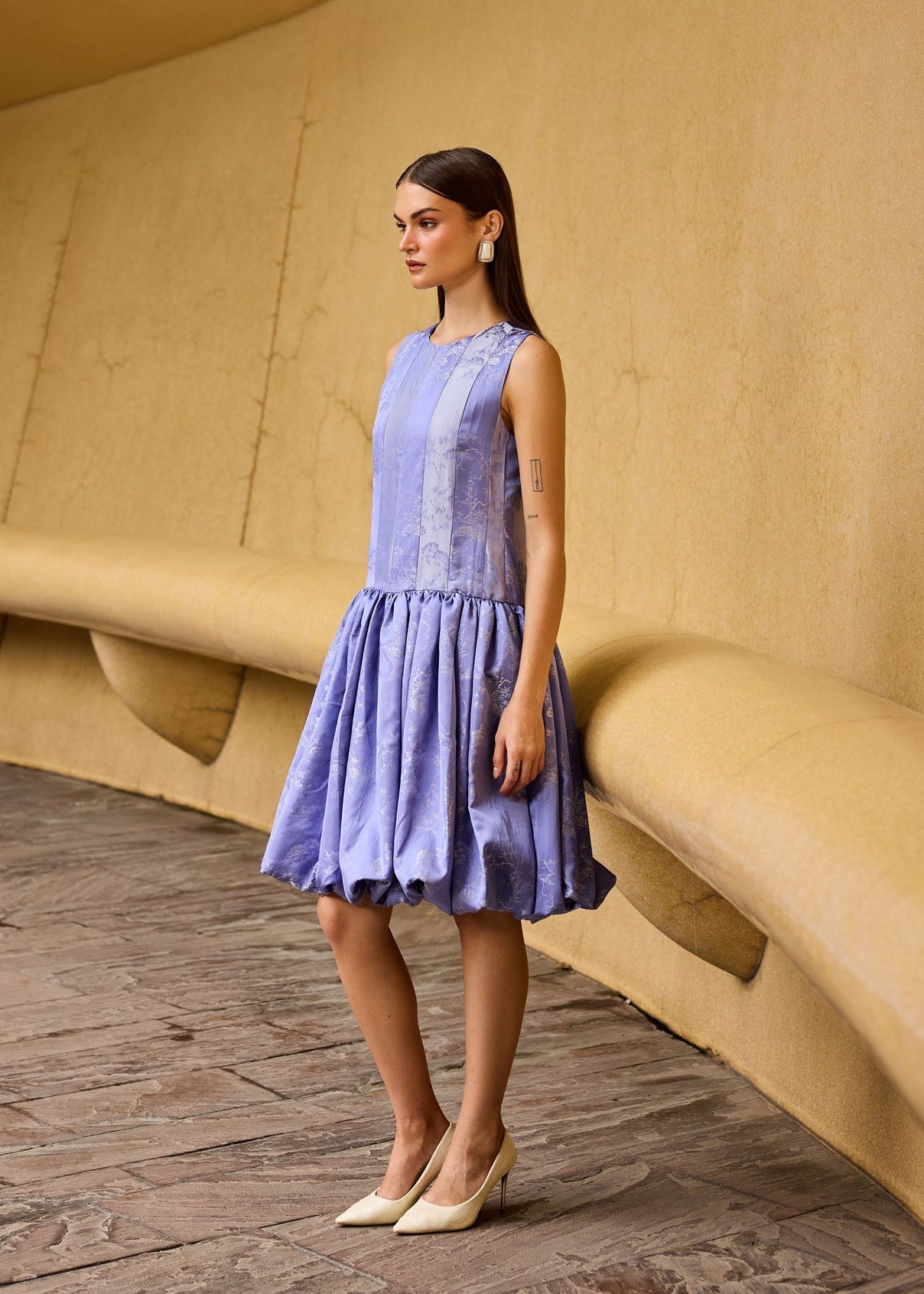 Lavender Jacquard Sleeveless Drop-Waist Dress
