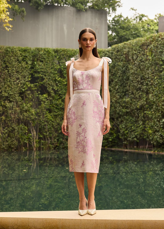 Blush Pink Jacquard Midi Dress with Bow Shoulder Straps