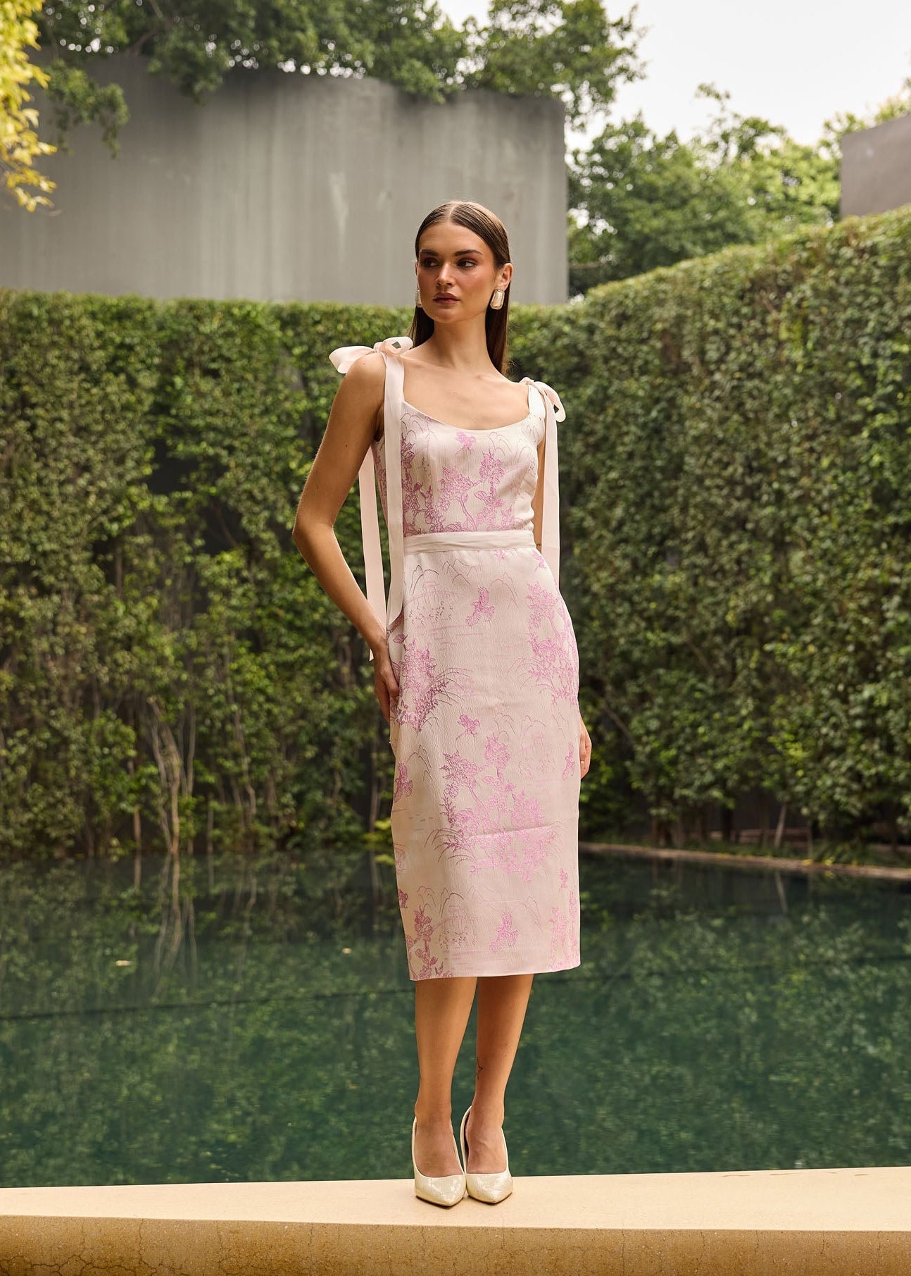Blush Pink Jacquard Midi Dress with Bow Shoulder Straps