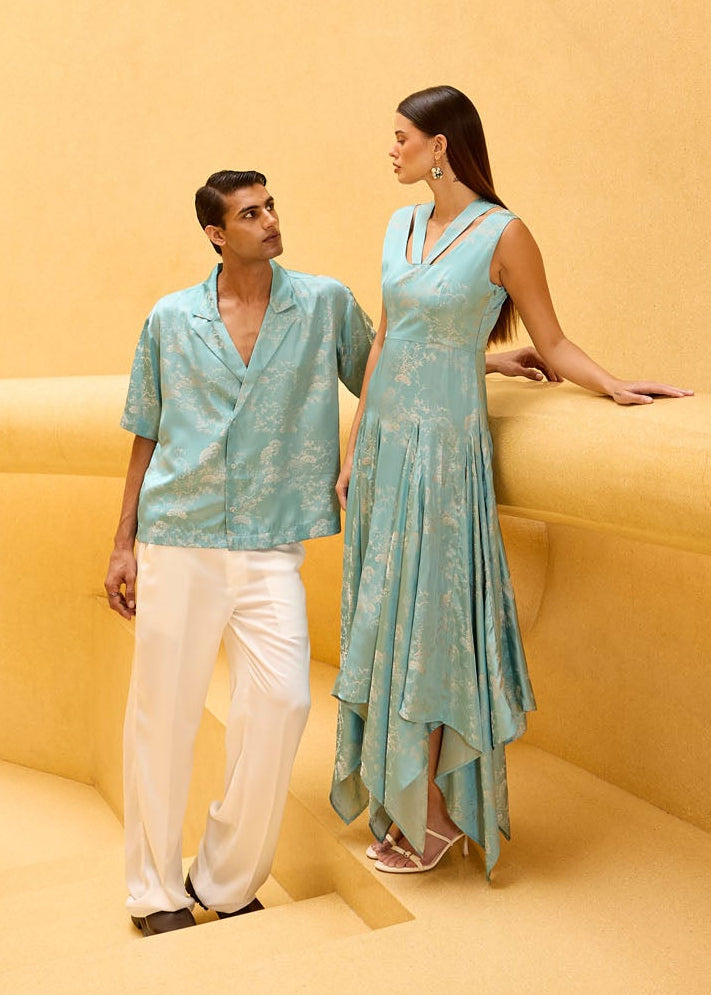 Pastel Blue Jacquard Asymmetrical Midi Dress