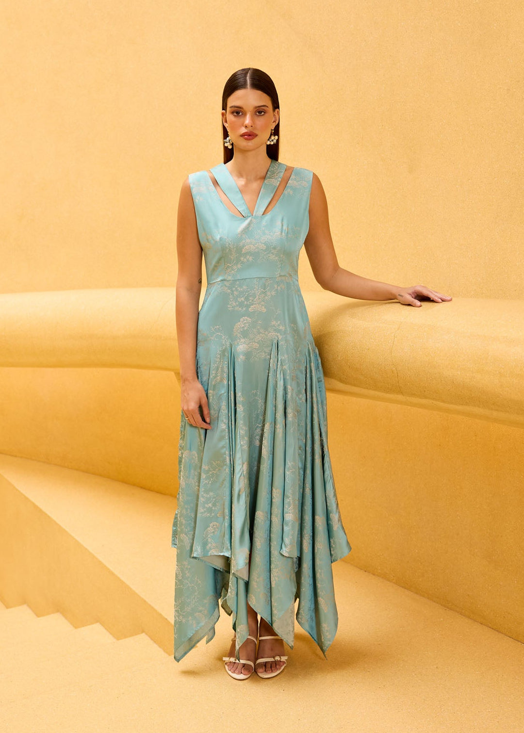 Pastel Blue Jacquard Asymmetrical Midi Dress