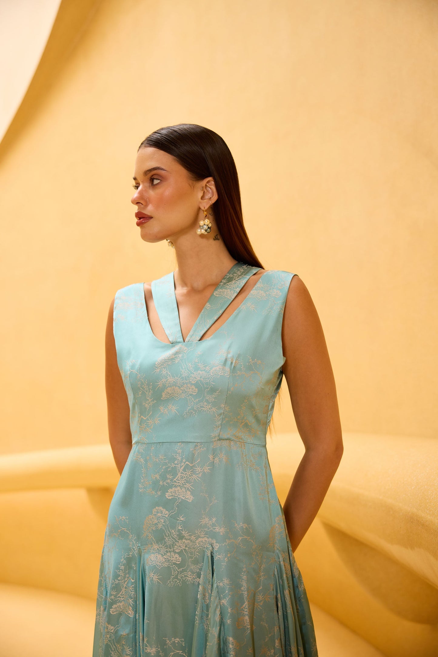 Pastel Blue Jacquard Asymmetrical Midi Dress