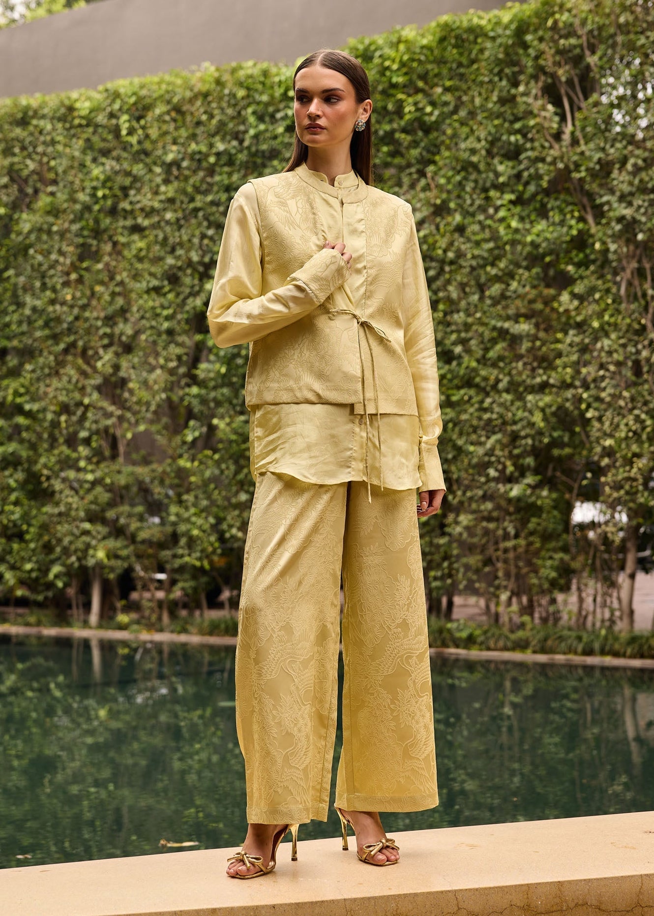 Butter Yellow Jacquard three piece Set