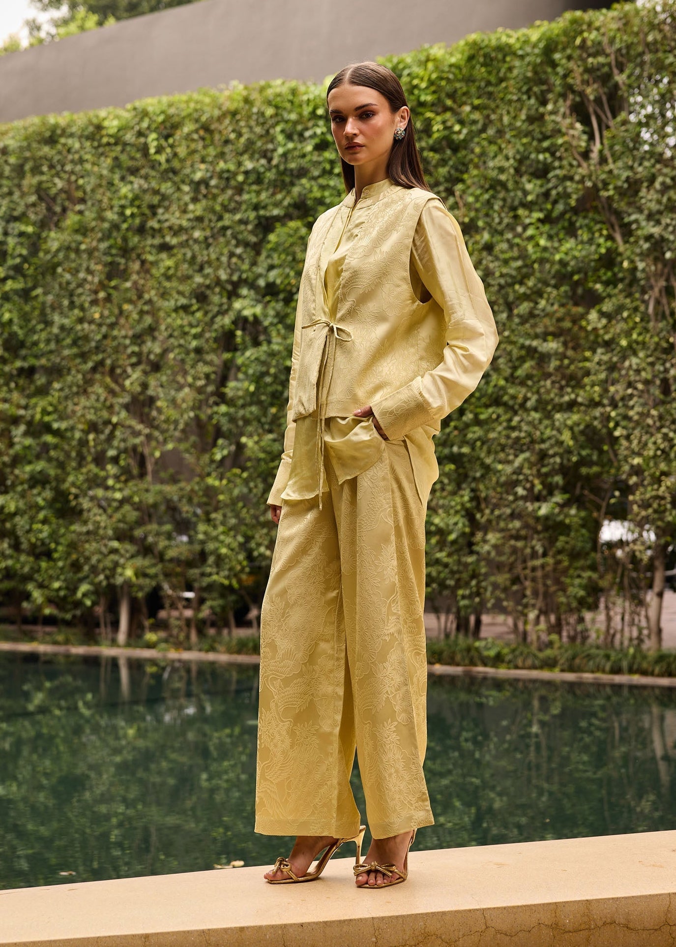 Butter Yellow Jacquard three piece Set