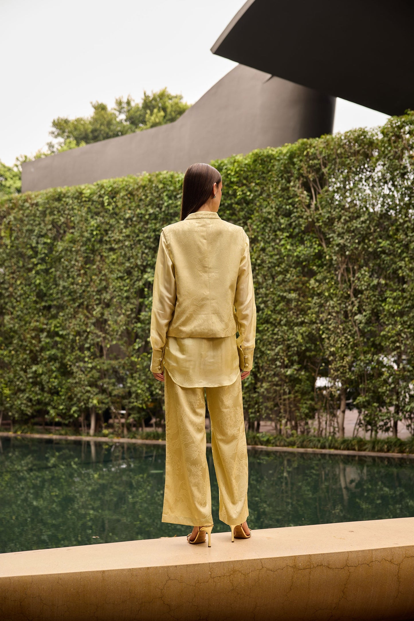 Butter Yellow Jacquard three piece Set