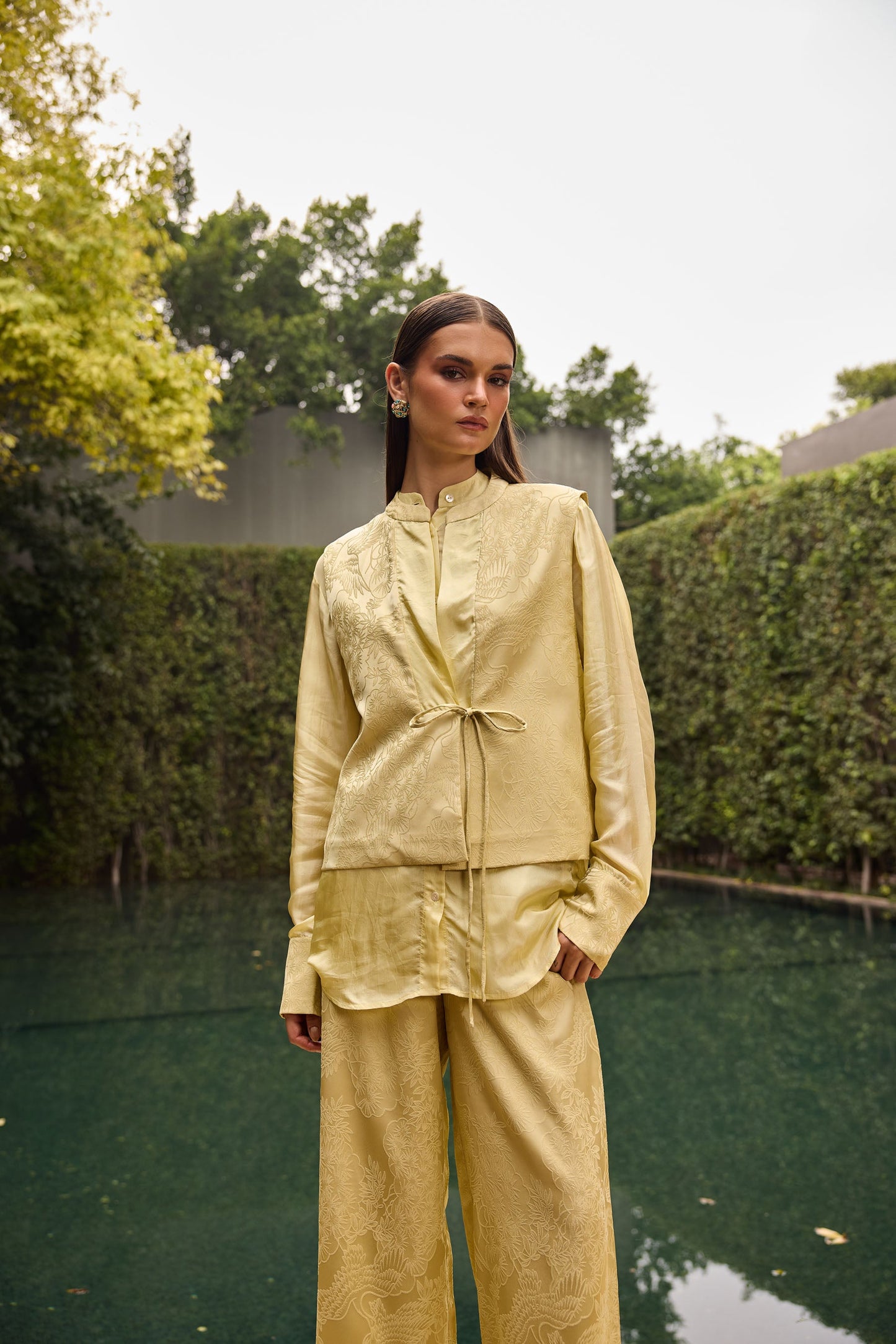 Butter Yellow Jacquard three piece Set