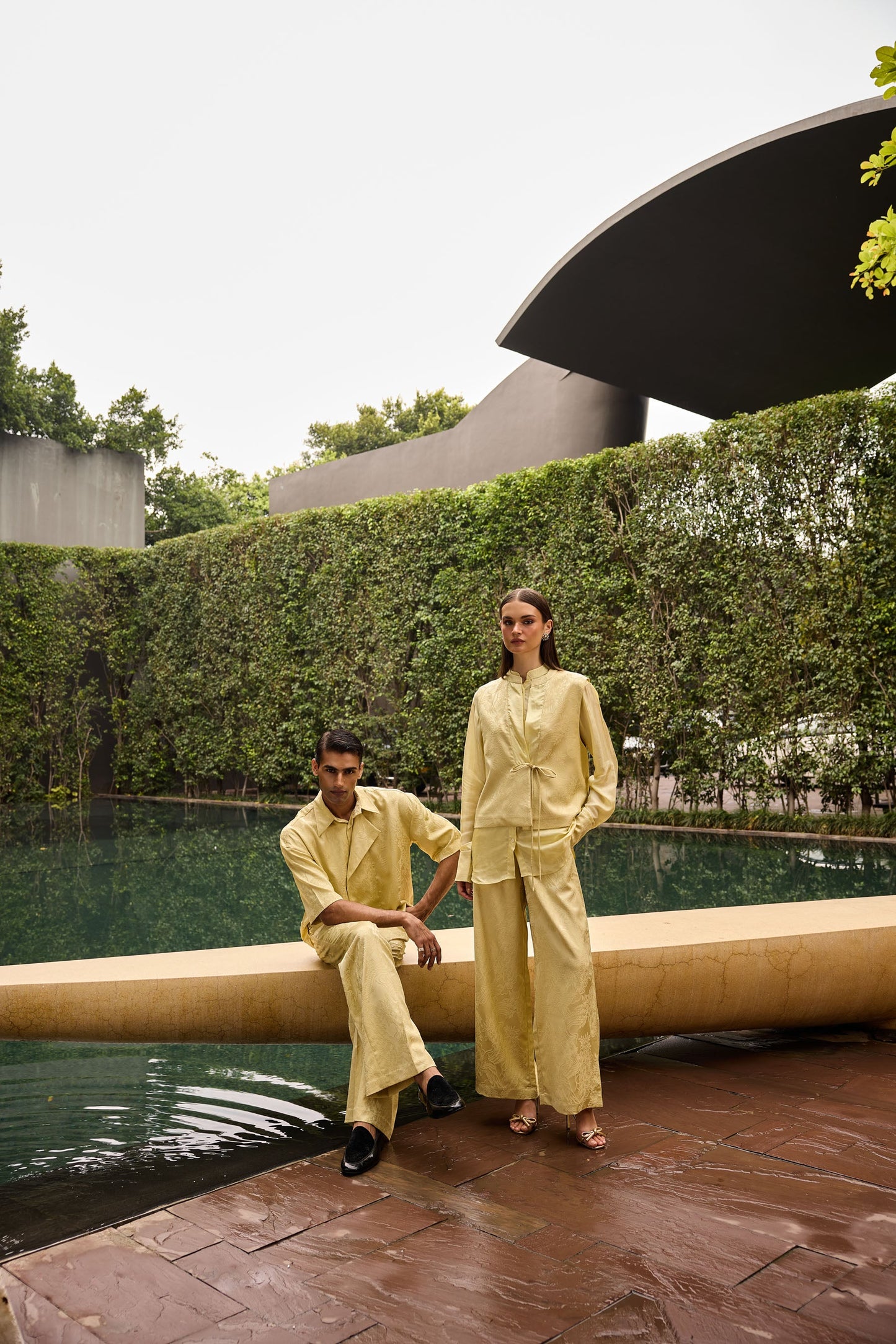 Butter Yellow Jacquard three piece Set