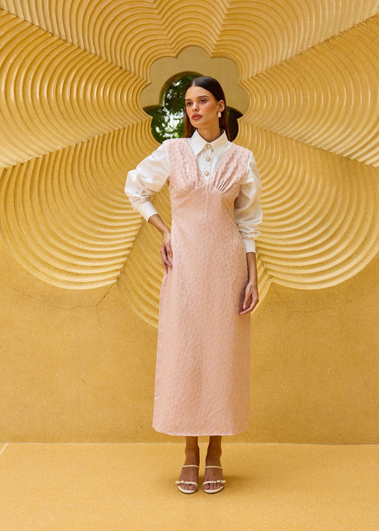 Blush Pink Jacquard V-Neck Midi Dress with Attached White Shirt Bodice